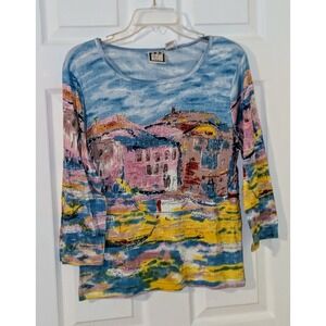 Take Two Co. Graphic Print Boat‎ Scene Rhinestone Top Long Sleeve Size L NWT
